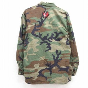 L/古着 長袖 ミリタリー ジャケット メンズ 90s USアーミー コンバット ウッドランドカモ ヒジ当て 緑 グリーン 迷彩 24feb0
