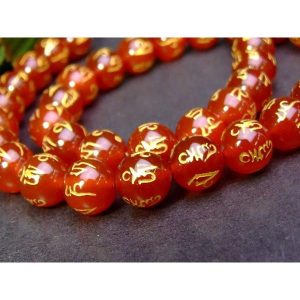 ≪g3-144A≫●10mm●彫り 六字真言 赤瑪瑙 1連37cm 通し針、解説書、1mゴム付き ブラジル産●天然石●パワーストーン