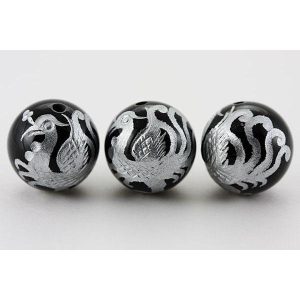 石流通センター 彫刻ビーズ オニキス 12mm (銀彫り) 朱雀 天然石 パワーストーン